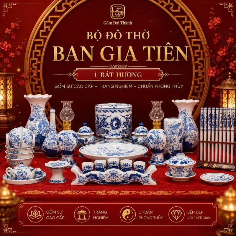 Ban thờ 1m, 1 bát hương - Men lam vẽ tay