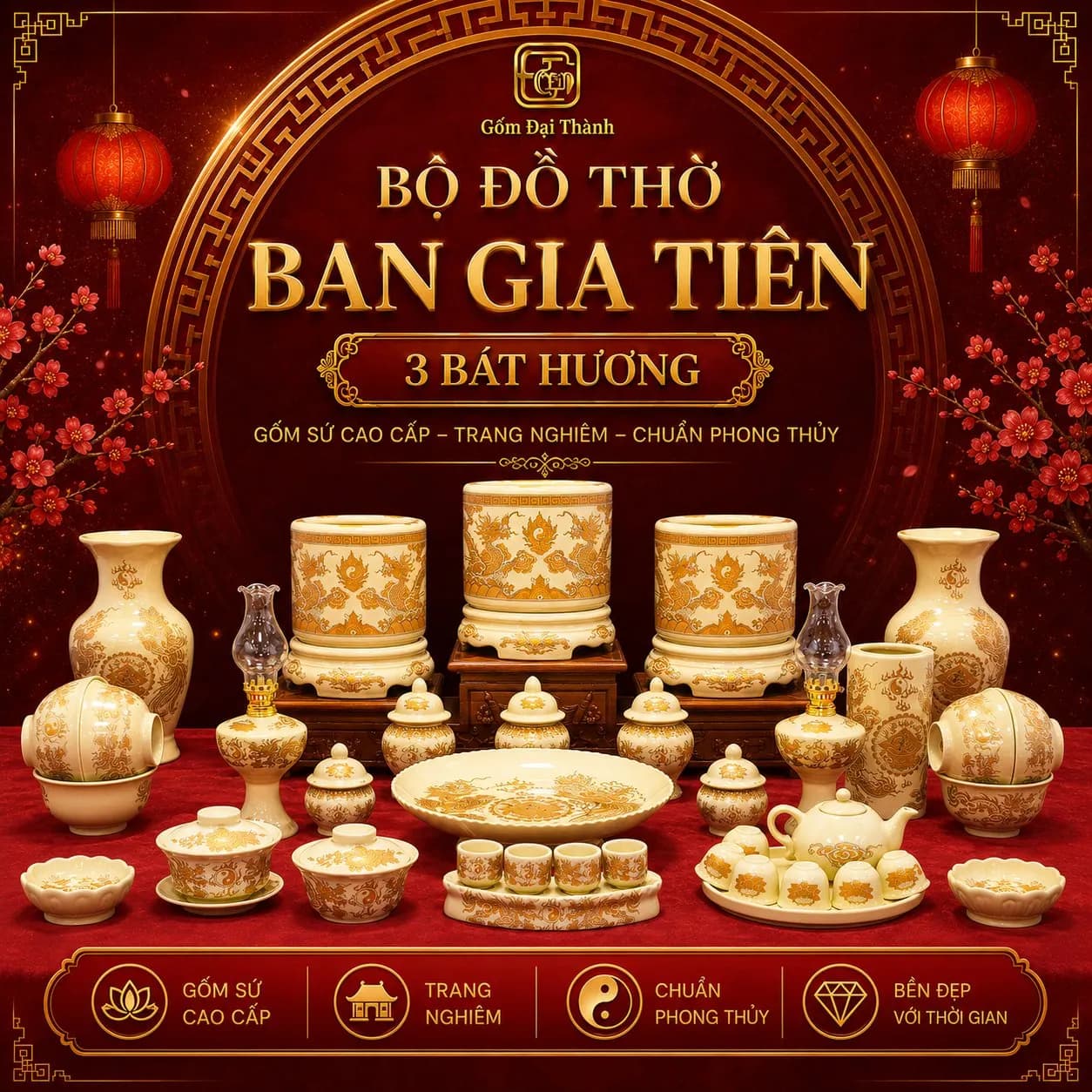 Ban thờ 2m trở lên, 3 bát hương - Men vàng ánh kim