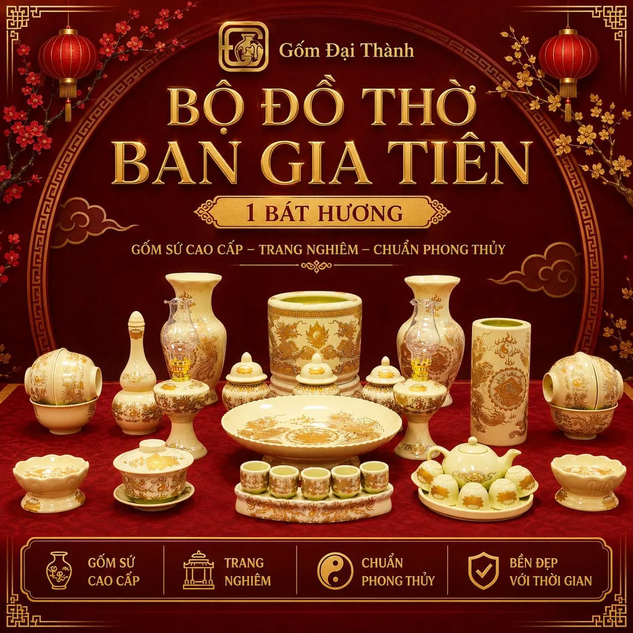 Ban thờ 2m trở lên, 1 bát hương - Men vàng ánh kim