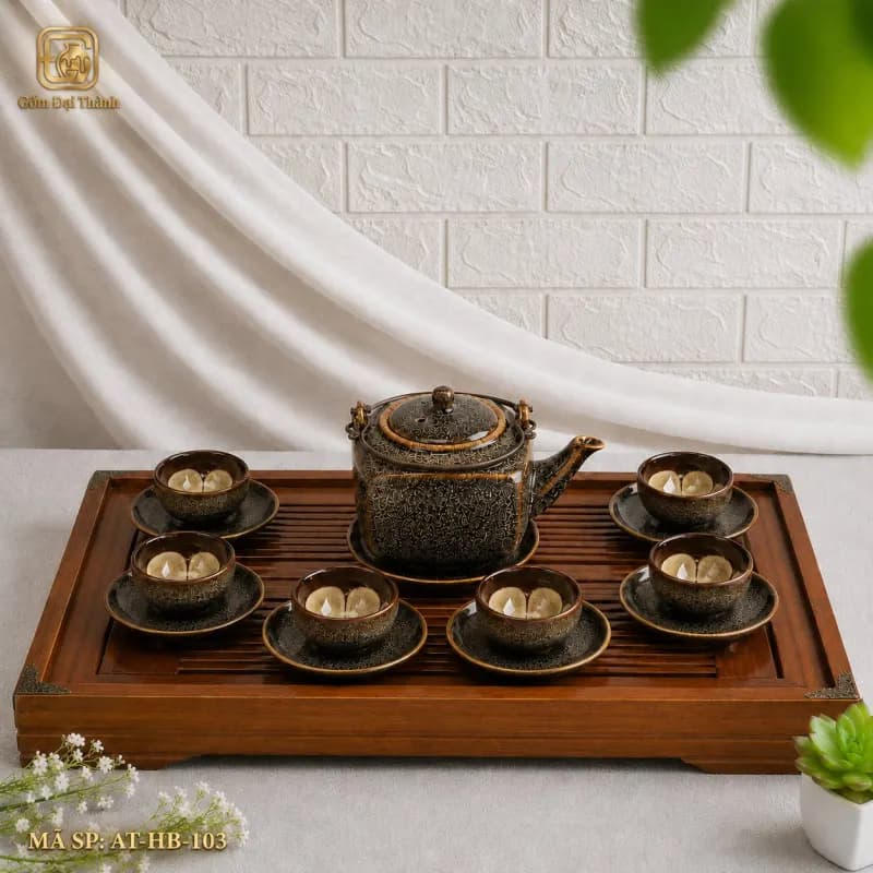 Bộ ấm chén men gấm lòng hoa hỏa biến
